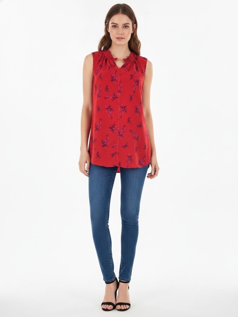 Cabi Red Floral Sleeveless Ruffle Collar Tunic Blouse Medium